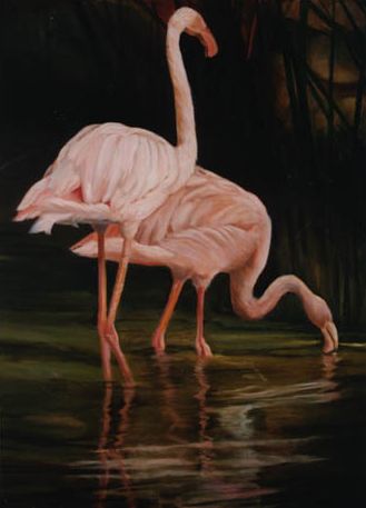 Original oil painting of pink American Flamingoes