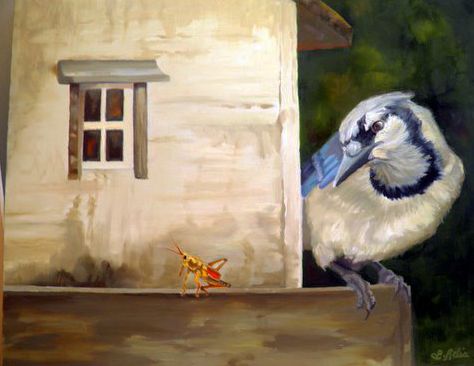 Original oil painting of  Blue Jay & Cricket