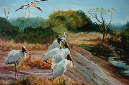 Original Oil Painting of Wood Storks