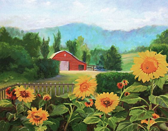 Original oil painting of sunflowers in rual setting of Crane Creek