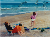 Original oil painting of girl and seagulls on beach