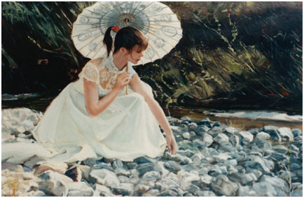 Original oil painting of young woman with umbrella