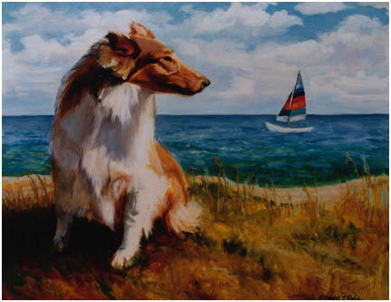 Original oil painting of a Collie by the sea