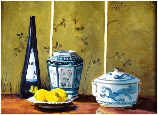 Original oil still life of Oriental blue pots, tall bottle and lemons